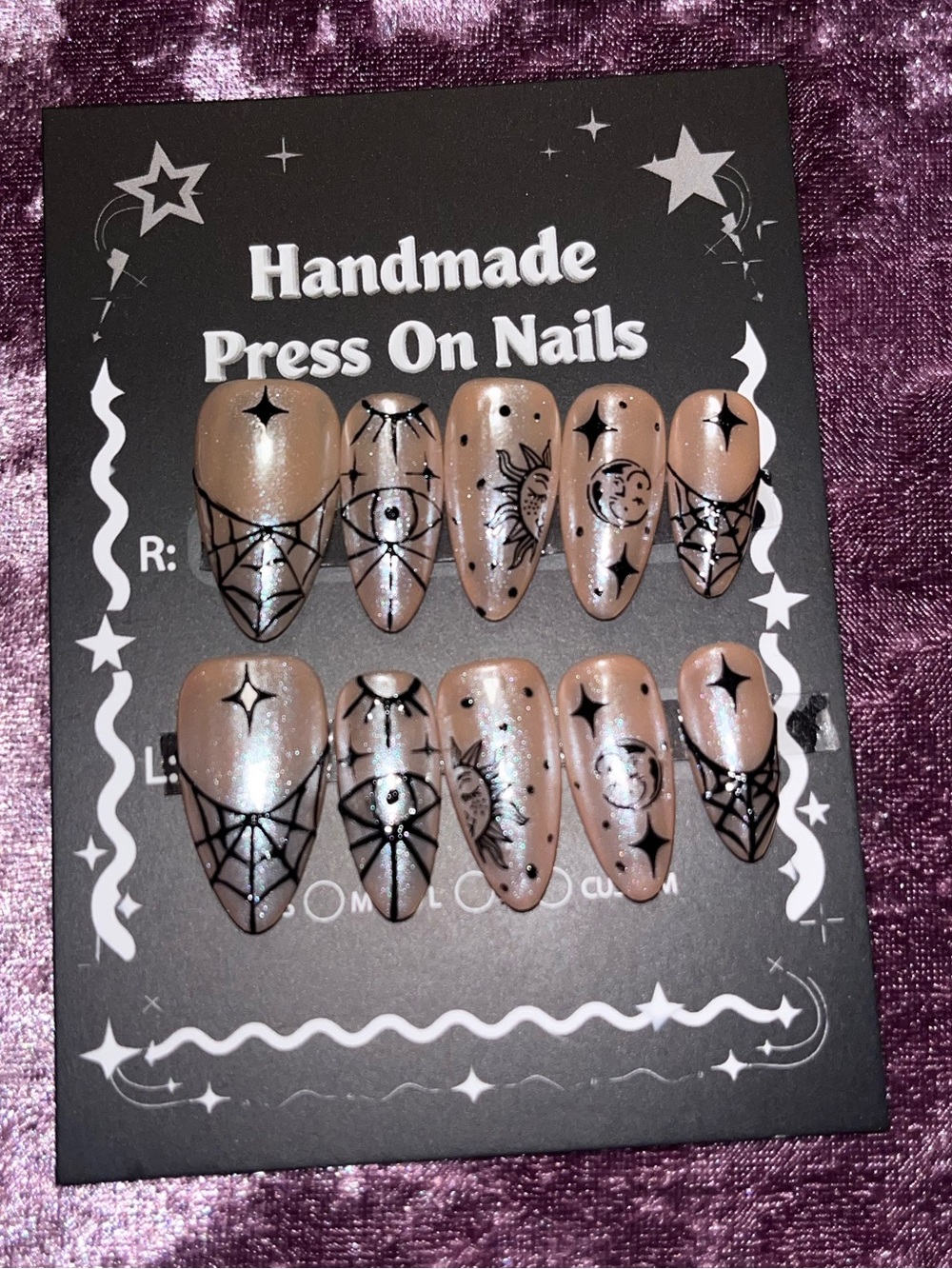 Handmade Press On Nails - Taupe with Black Celestial Art